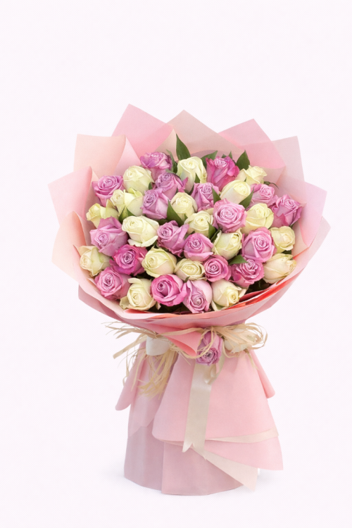 Rafya Kurdeleli Pastel Gül Buketi