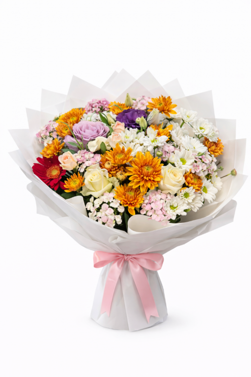 Pembe Kurdeleli Canlı Çiçek Buketi