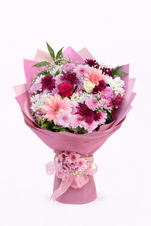 Pembe Kurdeleli Zarif Çiçek Buketi